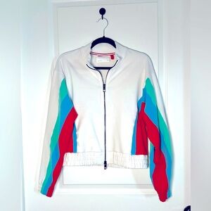 Wilson’s Track Jacket in white w retro stylish red, blue, and green stripes